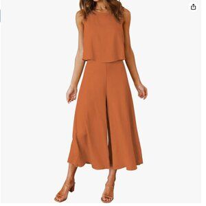 Women's Summer 2 Piece Outfits Round Neck Crop Basic Top Cropped Wide Leg Pants